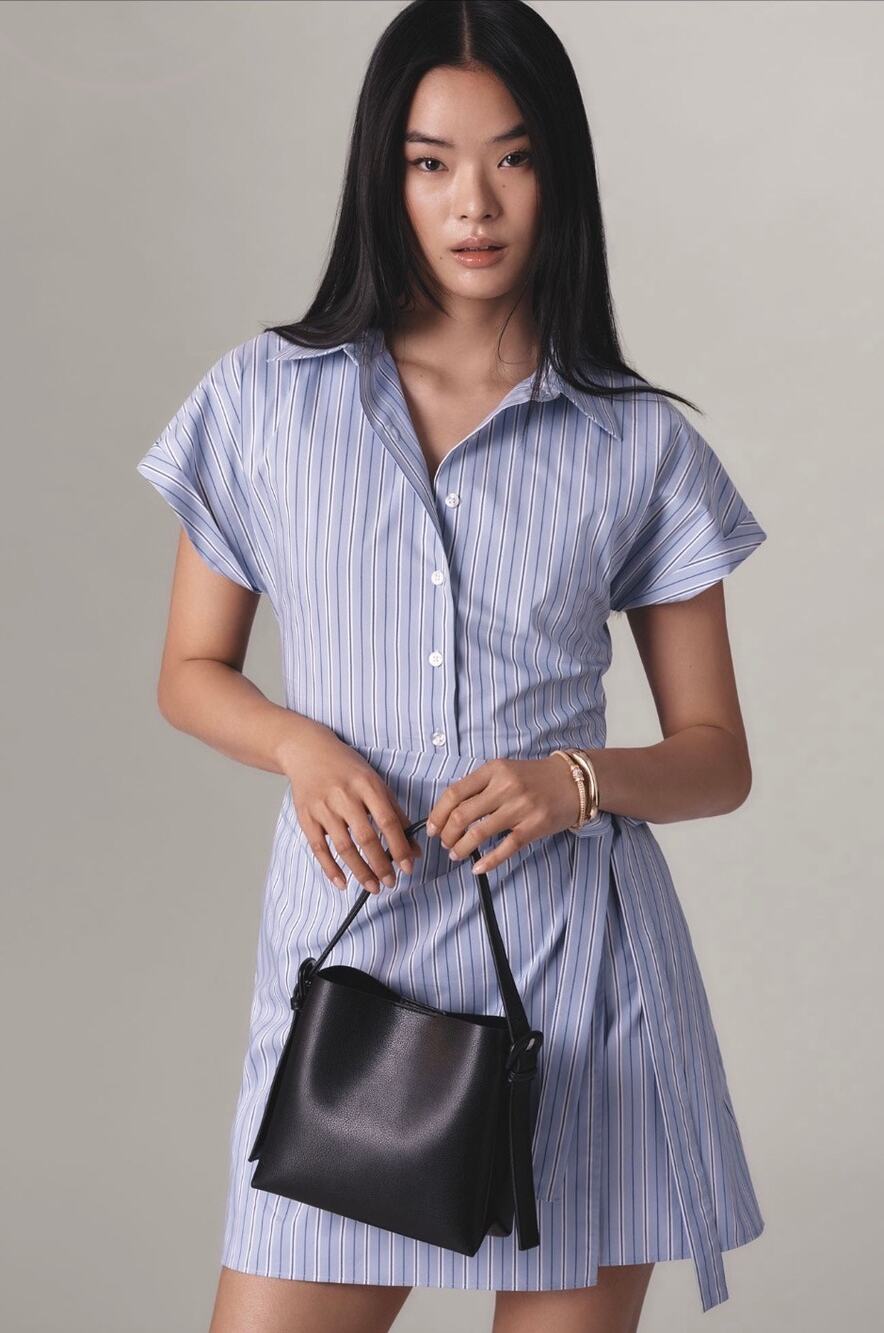 Maeve Button-Front Wrap Mini Shirt Dress Blue Striped Cotton size Small